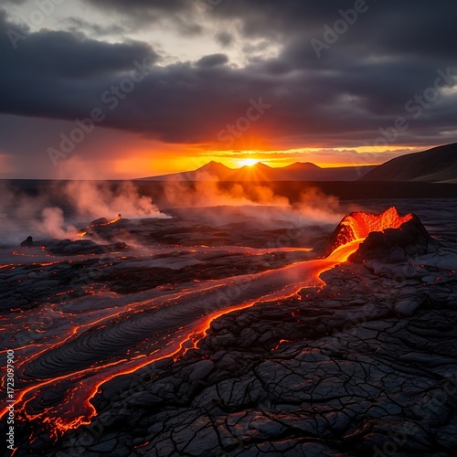 Volcanic Lava Flow at Sunset Landscape.