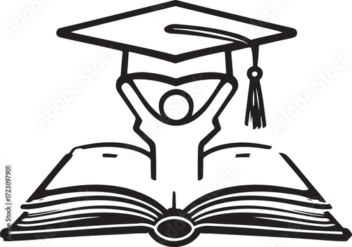 Graduation Logo Design – Student with Cap Above Open Book, Educational Success Outline Vector Illustration