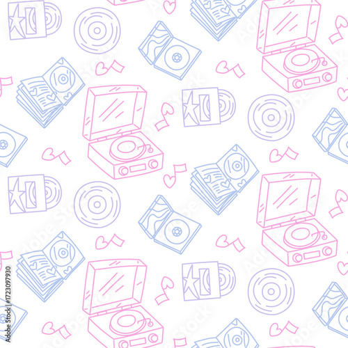 Bright K-pop style design. Seamless texture with bright elements of Korean music trends. Notes with a disc, turntable, plate, disks, albums. Glitter, hearts, a cloud with K-POP style text
