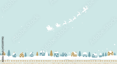 Santa Claus soaring over snowy village in sleigh is a charming Christmas card design or seasonal social media background for holiday greetings