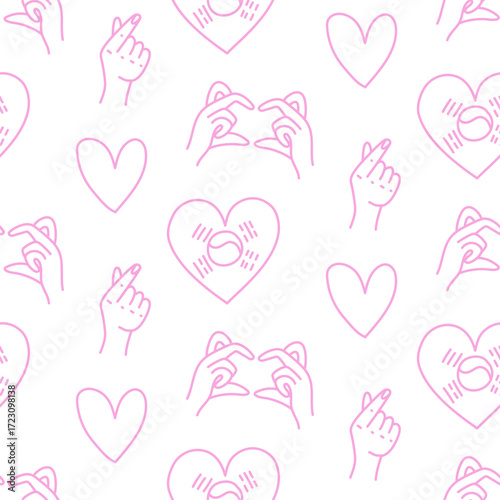 Bright K-pop style design. Seamless texture with bright elements of Korean music trends. Heart from your hands, korean flag in the heart, pink, heart fingers. Sequins, hearts, cloud with K-POP text