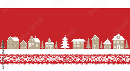 Charming village houses and Christmas tree on festive red snowy background with Nordic folk pattern for elegant holiday cards and decorations