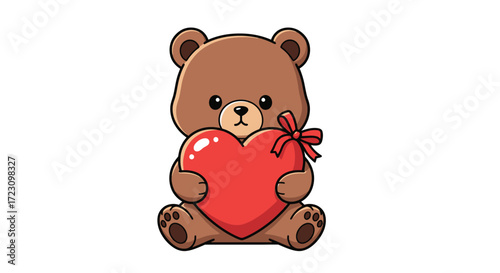 Adorable teddy bear holding a bright red heart with a bow, perfect for Valentine's Day cards, gifts, and cute, charming designs
