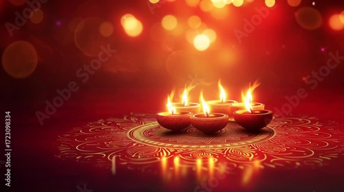 Burning Diwali diya lamps with glowing flames on red floor and golden mandala, perfect for holiday greetings, festive promotions, cultural themes and seasonal creative projects.