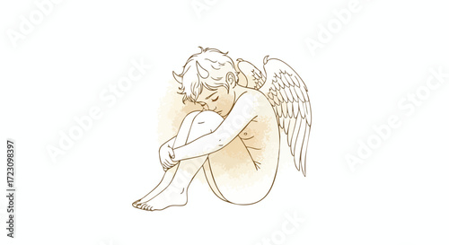 Melancholy angel with subtle horns curled up in a contemplative pose, conveying vulnerability and introspection