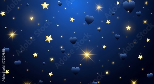 Night Sky Background with Stars and Hearts.