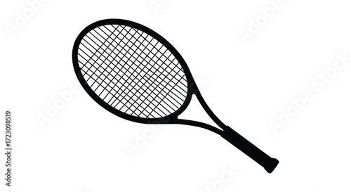 Simple black outline of a tennis racket against a white background silhouette
