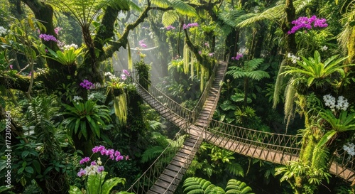 Enchanting Jungle Canopy Walkway Amidst Lush Tropical Rainforest Flora.