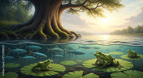 Enchanting Lakeside Scene with Frogs, Fish, and Ancient Tree.