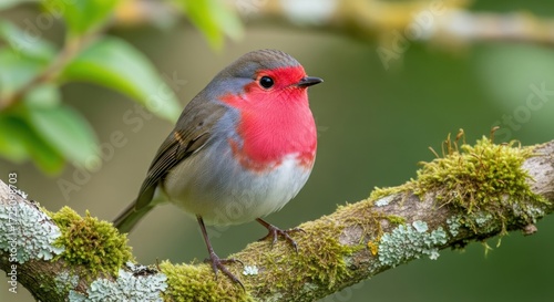 European Robin perched on a mossy branch in natural habitat.