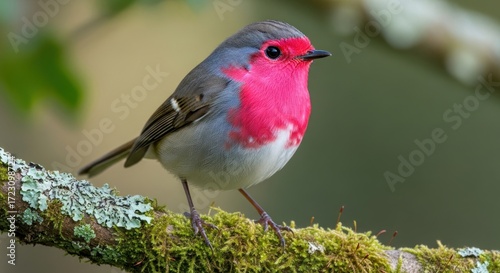 European Robin perched on a mossy branch in soft natural light.