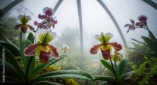 Exotic Lady Slipper Orchids in a Misty Greenhouse Display.