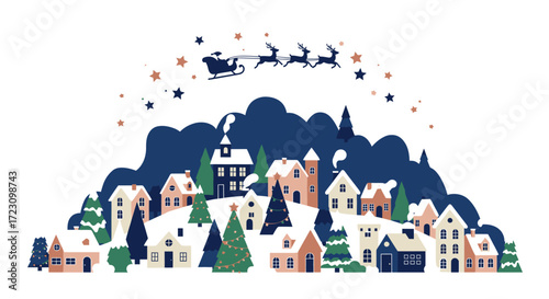 Festive Christmas village scene with Santa's sleigh flying above snowy houses and decorated trees, perfect for holiday cheer and seasonal greetings