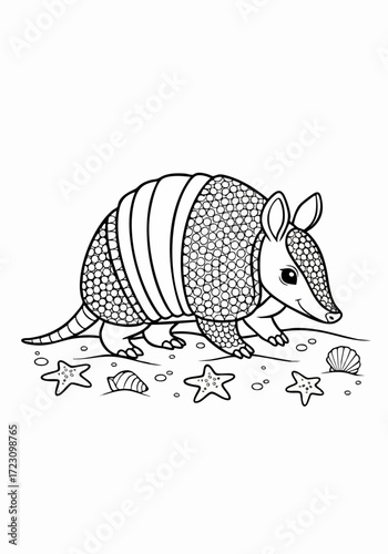 Armadillo walking on the sand with seashells and starfish.
