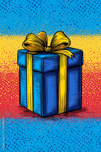 Vibrant gift box with a yellow ribbon against a colorful dotted background, ideal for celebrations