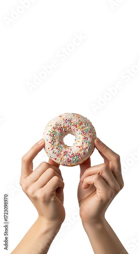 Hands Holding a Delicious Sprinkled Donut.