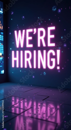 Neon sign that says we ' re hiring on a wall