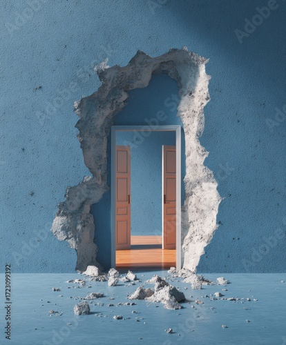 Breaching the Barrier: An intriguing composition showcases a deliberate breach in a blue wall, revealing the promise of new openings and undiscovered passages.