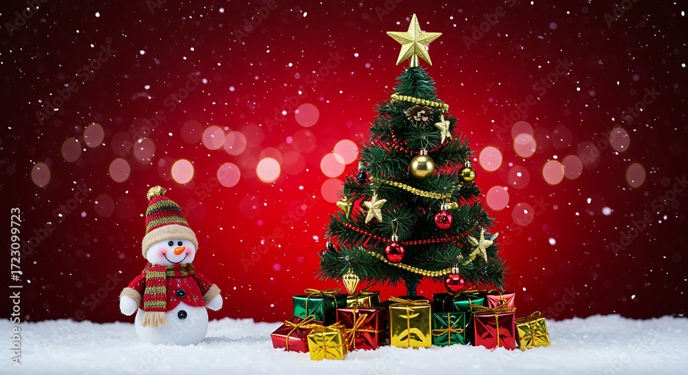 Obraz premium Snowman and decorated Christmas tree with gifts decorated tree