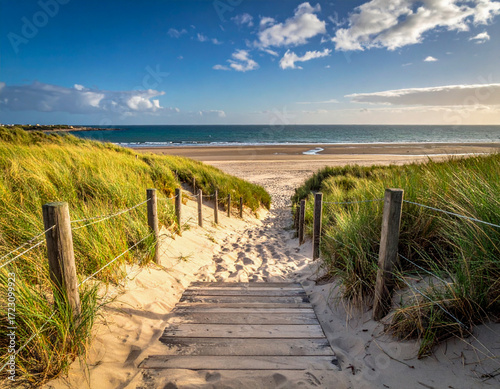 walkway path to the beach wooden fence access in sand dune beach in island ocean	
