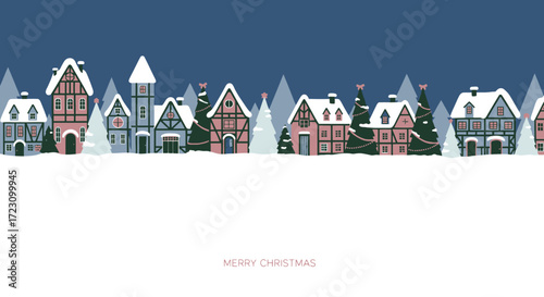 Enchanting Christmas village scene with snow covered houses and festive trees offering holiday cheer and seasonal greetings perfect for winter projects
