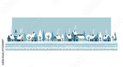 Charming winter village illustration with snow falling, cozy houses, and warm glowing windows creates a festive holiday season atmosphere