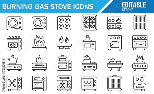 Restaurant Kitchen Gas Stove Icons – Editable Outline Bundle
