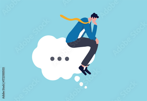 Think of solution, critical thinking to solve problem, focus on new idea, concentration or contemplation, skeptical or rational concept, thoughtful businessman sitting like thinker on thinking bubble