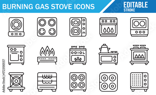 Cooking Flame Icons – Gas Cooktop and Oven Symbols – Monoline