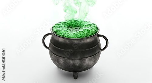 A bubbling cauldron of green potion with smoke rising, perfect for Halloween or fantasy themes