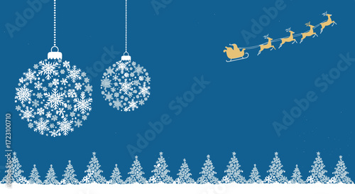 Celebrate Christmas with Santa's sleigh flying through a starry night sky, festive ornaments and snow-covered trees