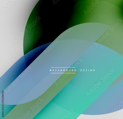 Abstract background features overlapping translucent shapes. Colors include blues, greens, white, black. Modern design element.