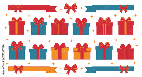 Colorful gift boxes with ribbons and bows, perfect for celebrations, holidays, and special occasions, ready to use