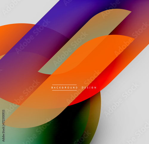 Abstract colorful shapes overlap, creating dynamic visual flow. Gradient hues blend smoothly, offering modern aesthetic.
