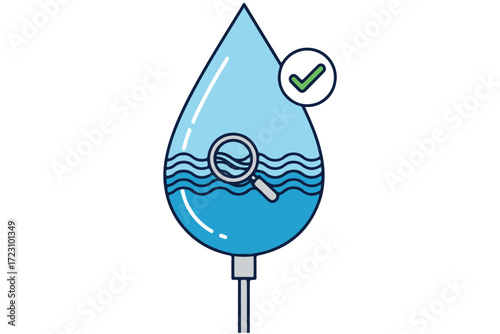 Water drop with magnifying glass and checkmark, symbolizing water quality testing