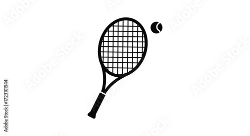 A black tennis racket and ball depicted in a simple silhouette