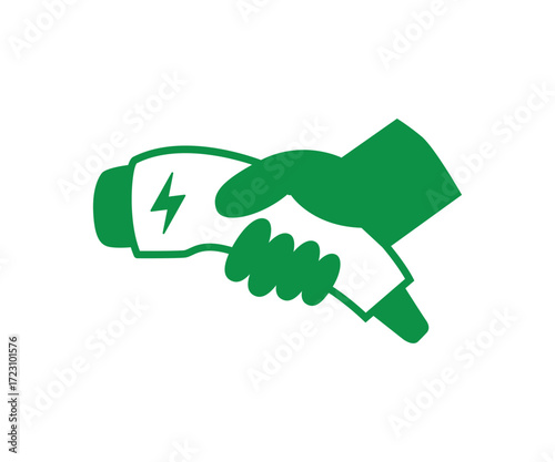Hand holding electric car charging, plug in connector, vector illustration