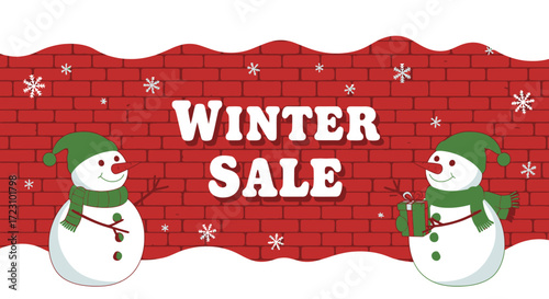 Festive winter sale with charming snowman characters against a red brick wall background, perfect for holiday promotions