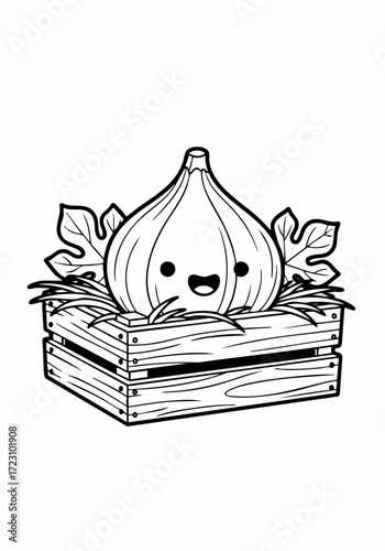Cute Kawaii Fig Character Sitting in a Wooden Crate with Leaves.