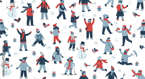 Festive winter scene with people enjoying snow, gifts, and snowmen, perfect for holiday cards, seasonal promotions, and cheerful designs