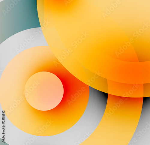 Abstract composition. Overlapping circles, warm colors dominate. Gradient shades create depth, modern aesthetic. Minimalist design.