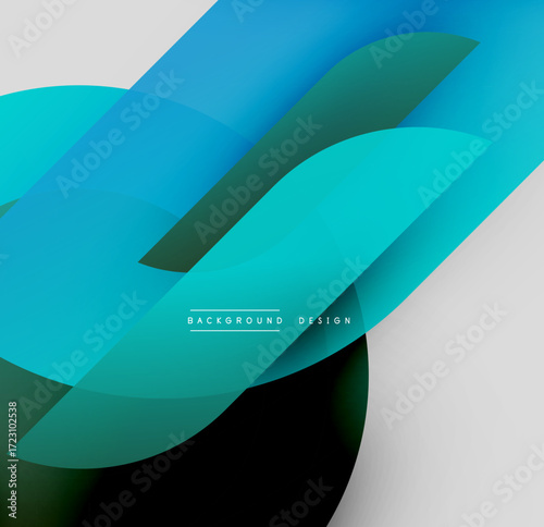 Abstract design features overlapping rounded shapes. Blue, teal, black, white hues create dynamic composition. Modern aesthetic.