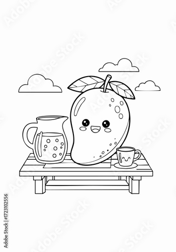 cute cartoon mango fruit with juice pitcher and teacup on wooden table.