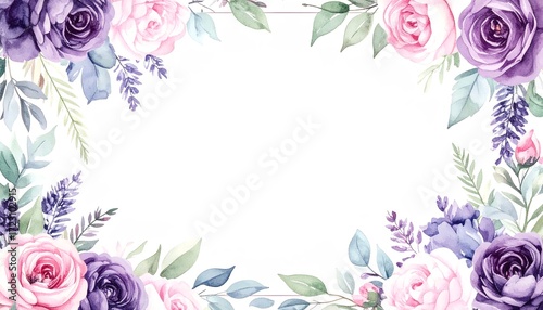 Beautiful, elegant floral border frame with purple and pink watercolor roses and greenery, perfect for wedding invitations, greeting cards, banners, or decorative design