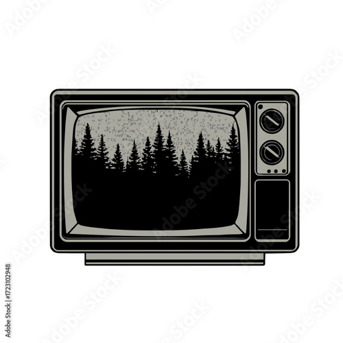 Vintage TV screen shows forest, creating nostalgic and technology blended conceptual scene