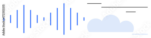 Vertical audio waves and a cloud icon with black lines indicating synchronization and data flow. Ideal for music, podcast, cloud storage, sound editing, sound analysis, wireless technology, simple