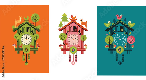 Whimsical forest cuckoo clocks adorned with playful deer, birds, and mushrooms bring charming vintage flair to any design project.