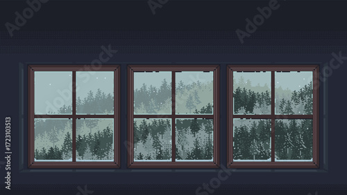 Pixel art snowy forest seen through a window. Winter trees and seasonal atmosphere in retro 8 bit style. Vector illustration.