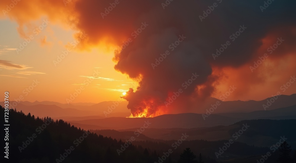 Fototapeta premium Distant fire burning with large plume of smoke rising