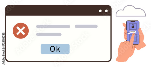 Error pop-up on browser with OK button, a smartphone unlocking with password, highlighted cloud. Ideal for security, user authentication, technology, privacy, error handling, digital systems simple